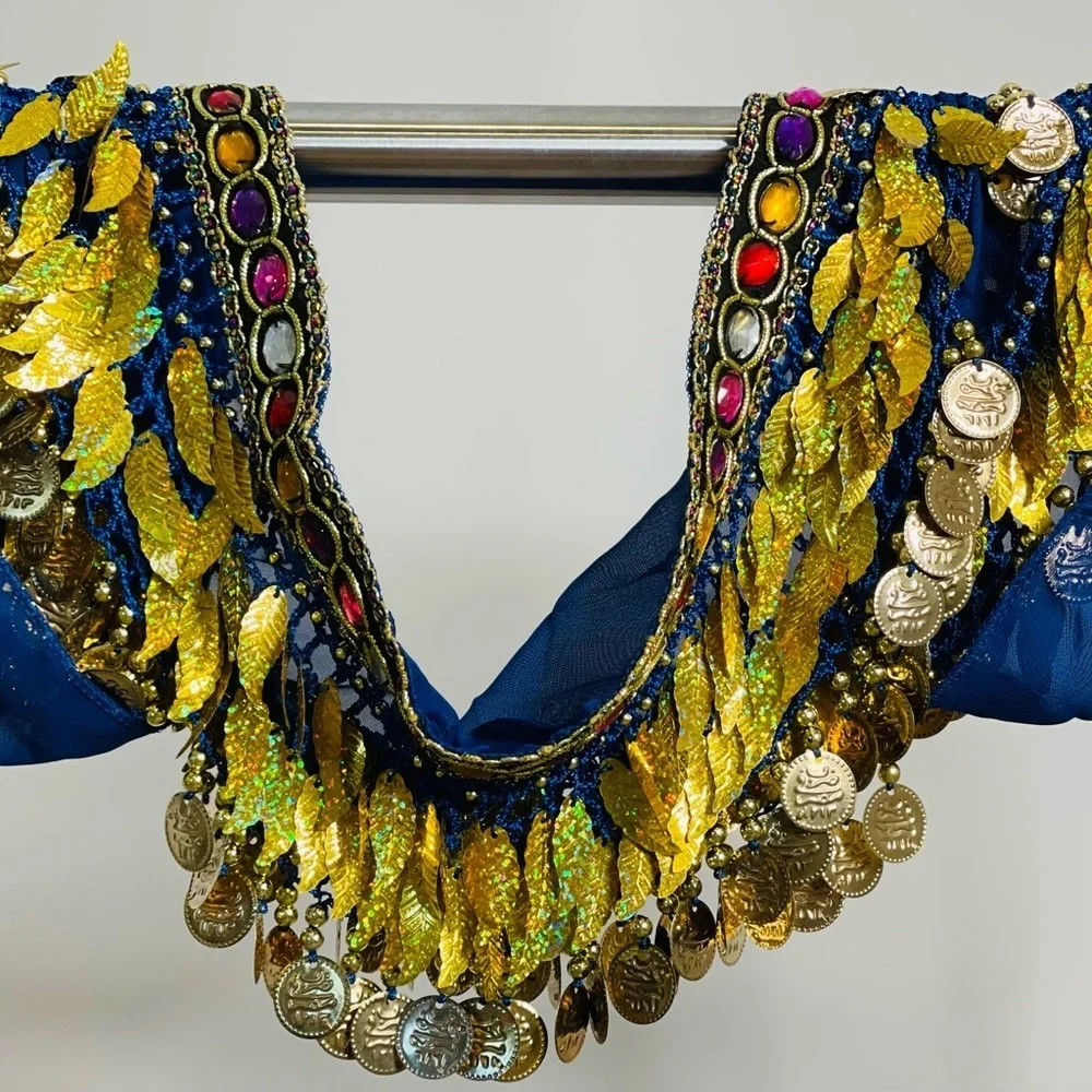 Blue with Gold leaves coins Wrap Skirt Bellydance